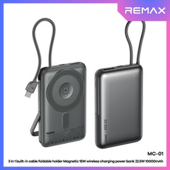 REMAX - MC-01 10000mAh 3 In 1 Cabled Foldable Magnetic Wireless Charging Power Bank (PD22.5W+Magsafe15W) - Grey