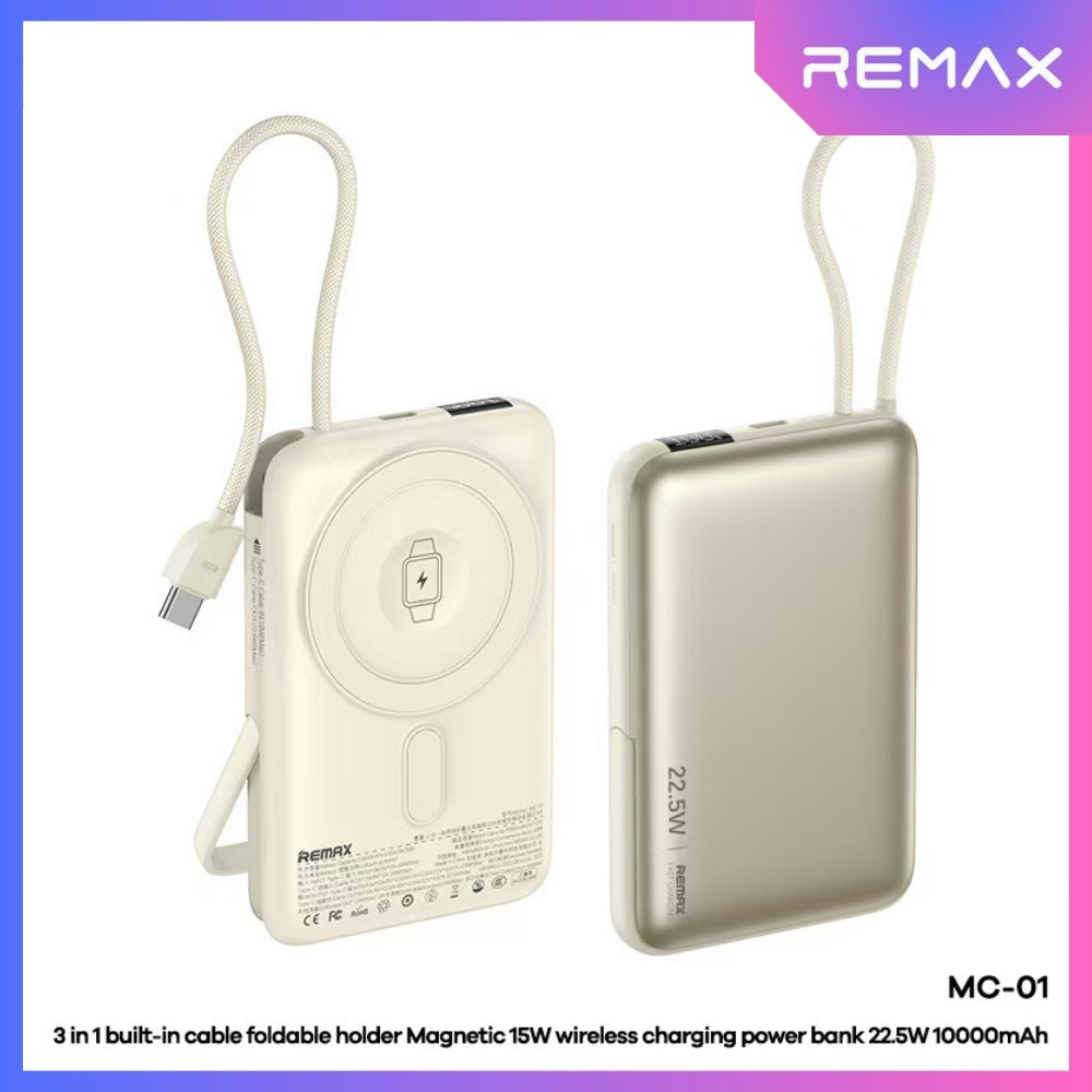 REMAX - MC-01 10000mAh 3 In 1 Cabled Foldable Magnetic Wireless Charging Power Bank (PD22.5W+Magsafe15W) - Silver