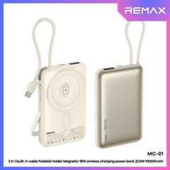 REMAX - MC-01 10000mAh 3 In 1 Cabled Foldable Magnetic Wireless Charging Power Bank (PD22.5W+Magsafe15W) - Silver