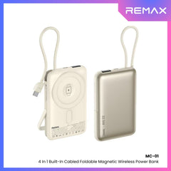 REMAX - MC-01 10000mAh 3 In 1 Cable Foldable Magnetic Wireless Charging Power Bank (PD22.5W+Magsafe15W) - Silver