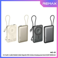 REMAX - MC-01 10000mAh 3 In 1 Cabled Foldable Magnetic Wireless Charging Power Bank (PD22.5W+Magsafe15W) - Grey
