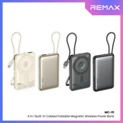 REMAX - MC-01 10000mAh 3 In 1 Cable Foldable Magnetic Wireless Charging Power Bank (PD22.5W+Magsafe15W) - Grey