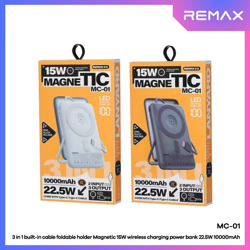 REMAX - MC-01 10000mAh 3 In 1 Cabled Foldable Magnetic Wireless Charging Power Bank (PD22.5W+Magsafe15W) - Grey