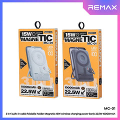 REMAX - MC-01 10000mAh 3 In 1 Cabled Foldable Magnetic Wireless Charging Power Bank (PD22.5W+Magsafe15W) - Grey