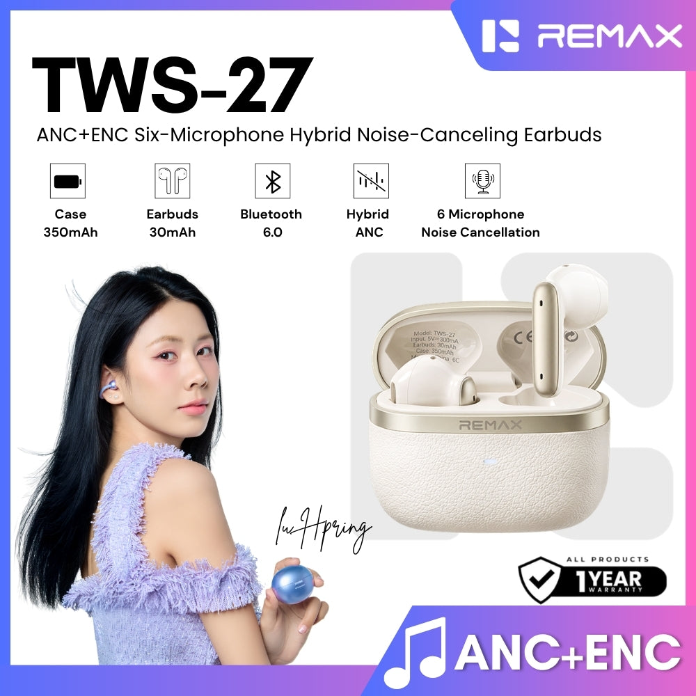 REMAX - TWS-27 ANC+ENC True Wireless Stereo Music Call Mixed Feedback Noise Canceling Wireless Earbuds - Beige