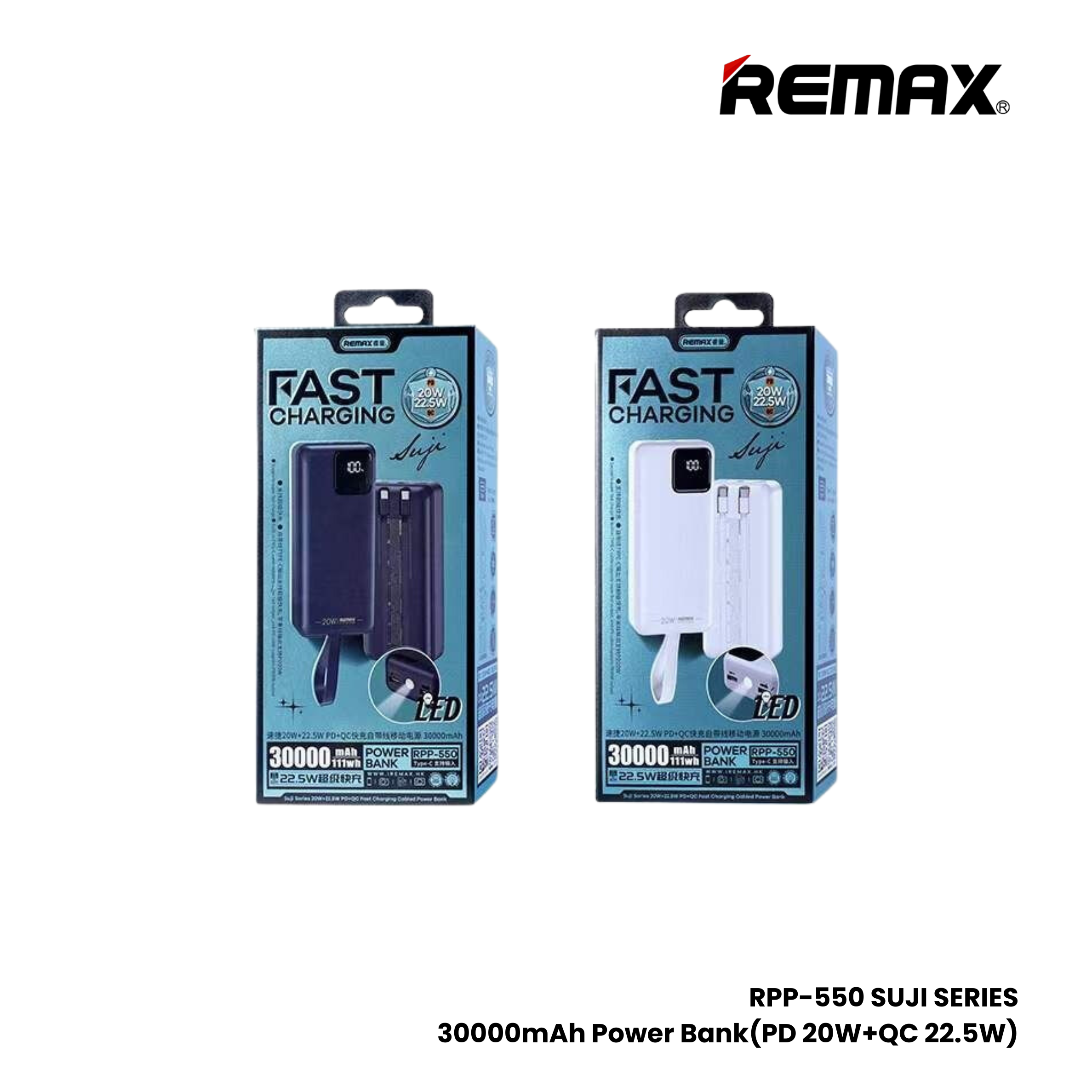 REMAX RPP-550 Suji Series 30000mAh PD+QC Fast Charging Power Bank(PD 20W+QC 22.5W) - White