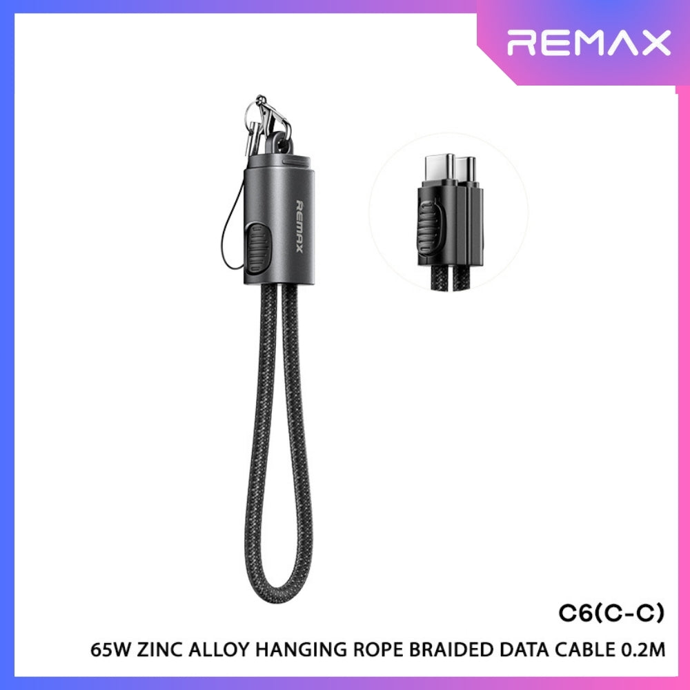 REMAX - C6 C-C Zinc Alloy Hanging Rope Type-C To Type-C PD Fast Charging Data Cable (PD65W) - Black