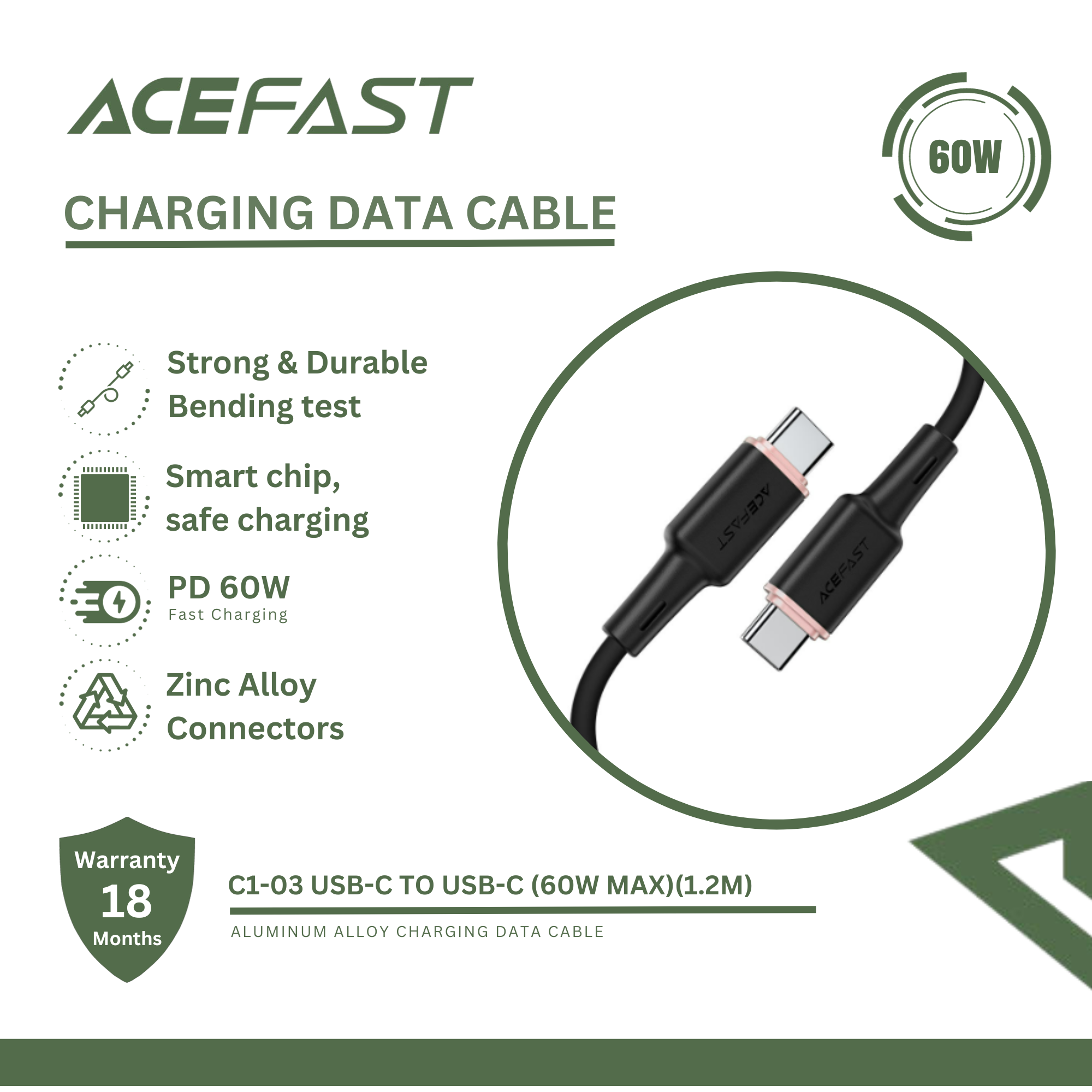 ACEFAST C2-03 USB-C TO USB-C ZINC ALLOY SILICONE CHARGING DATA CABLE (60W MAX)(1.2M) - BLACK