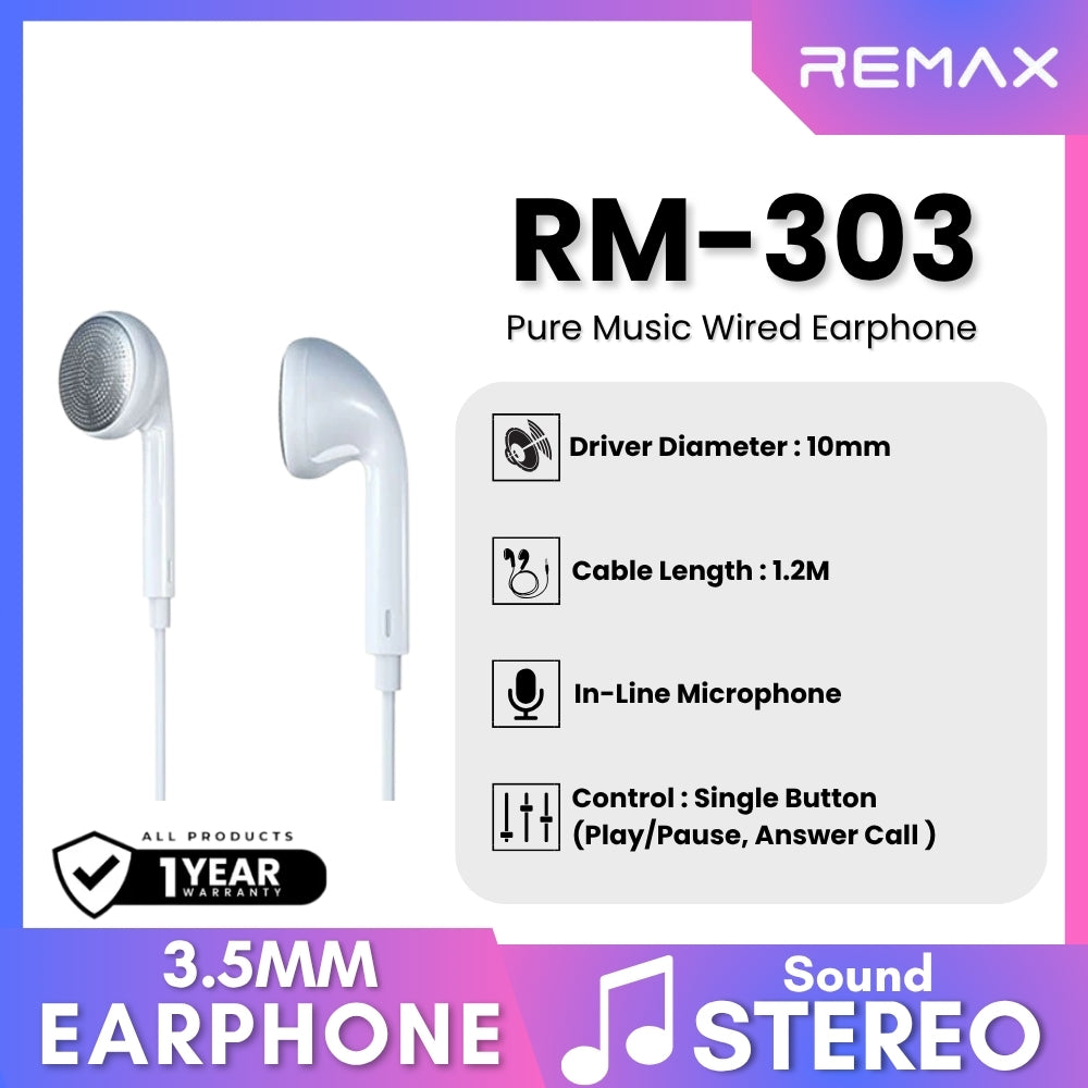 REMAX - RM-303 3.5mm Pure Music Wired Earphone - White