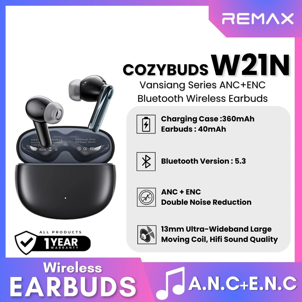REMAX - COZYPODS W21N Vansiang Series ANC+ENC Bluetooth Wireless Earbuds - Black