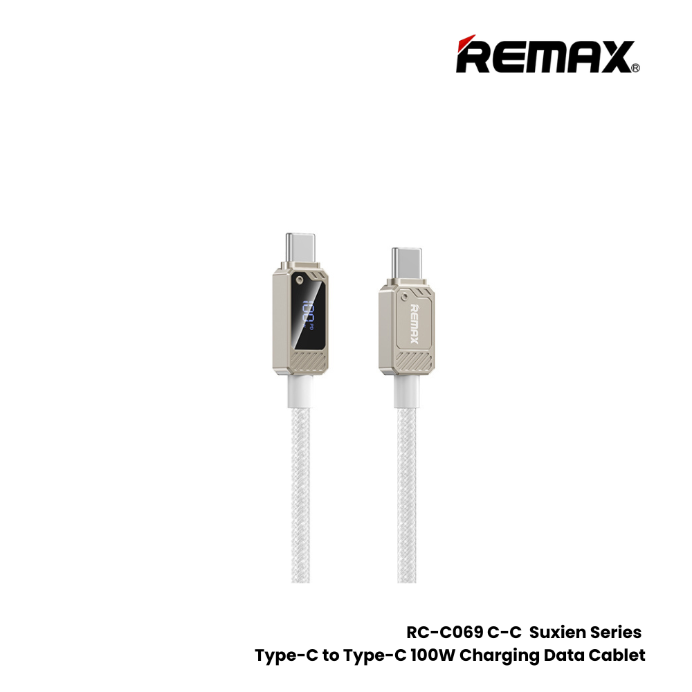 100W ( C to C )-REMAX RC-C069 C-C Suxien Series 100W Type-C to Type-C Digital Display Fast Charging Data Cables - White