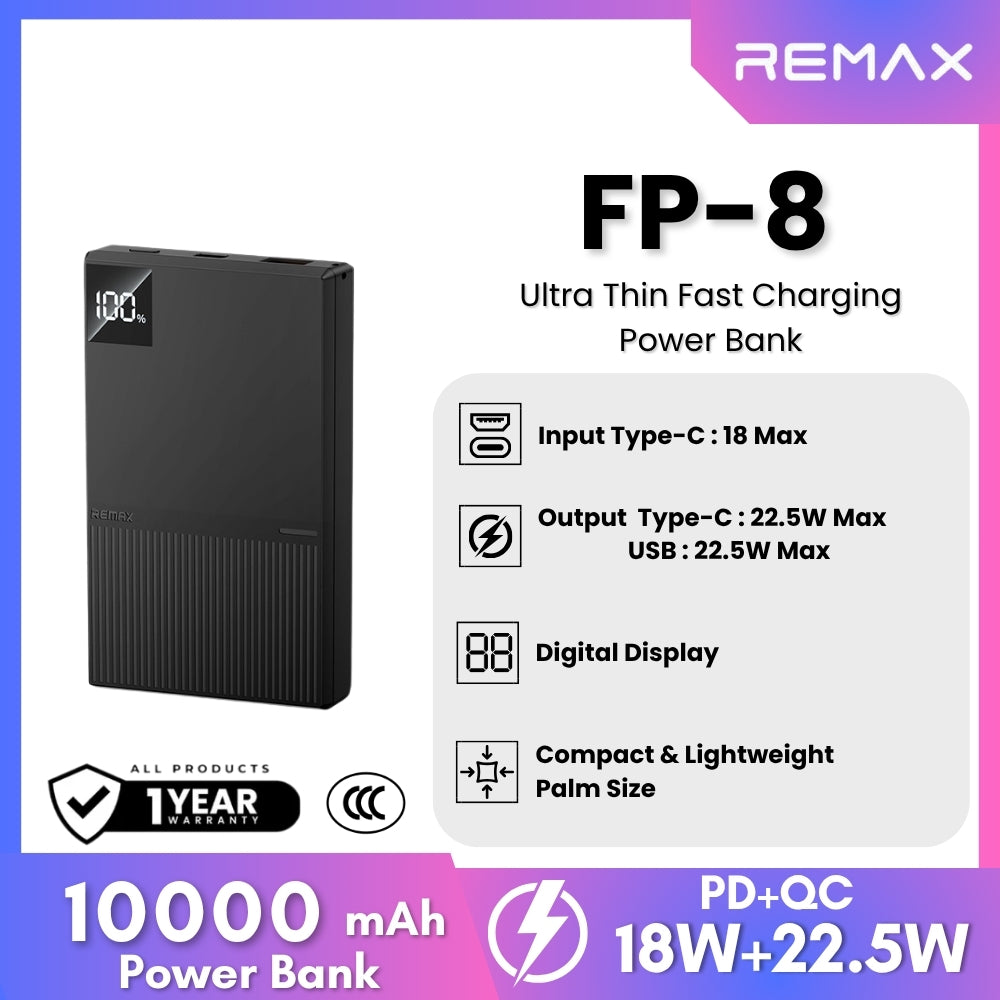 REMAX -  FP-8 10000mAh Ultra Thin Fast Charging Power Bank (PD20W+QC22.5W) - Black