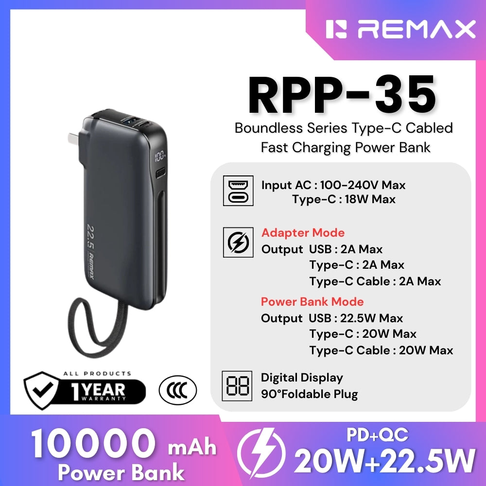 REMAX - RPP-35 10000mAh Boundless Series Fast Charging Cable Powerbank ( PD20W + QC22.5W ) - Black