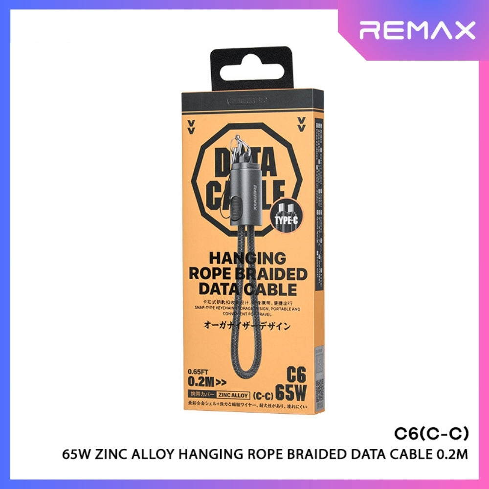 REMAX - C6 C-C Zinc Alloy Hanging Rope Type-C To Type-C PD Fast Charging Data Cable (PD65W) - Black