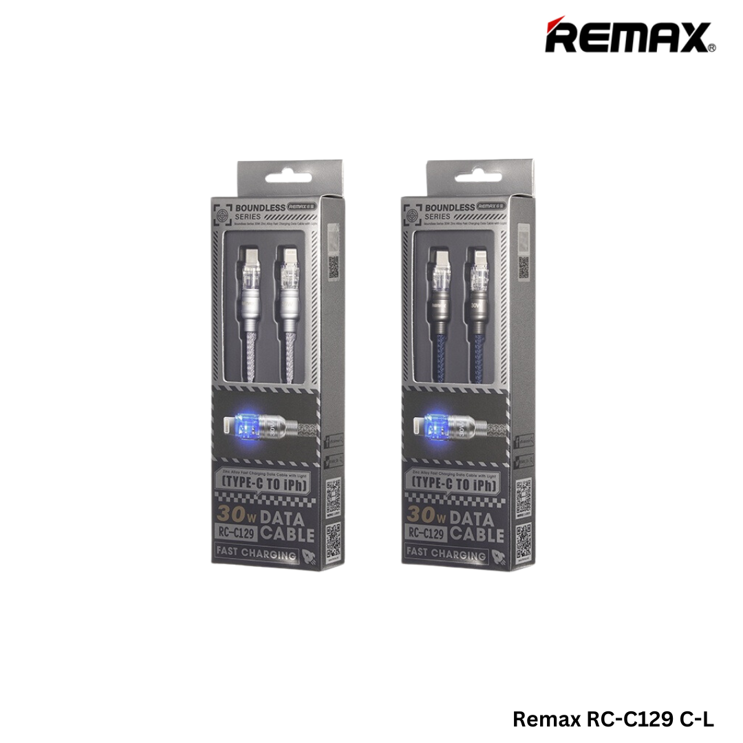 REMAX RC-C129 C-L Boundless Series 30W Fast Charging Data Cable With Light - Silver Grey