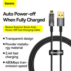 (Buy 1 Get 1) Baseus Explorer Series Auto Power-Off 2.4A iPhone Fast Charging Data Cable (1M) - Black