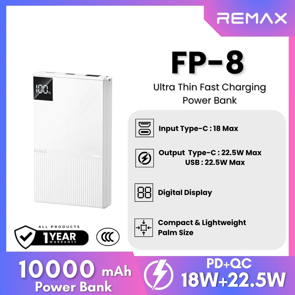 REMAX -  FP-8 10000mAh Ultra Thin Fast Charging Power Bank (PD20W+QC22.5W) - White