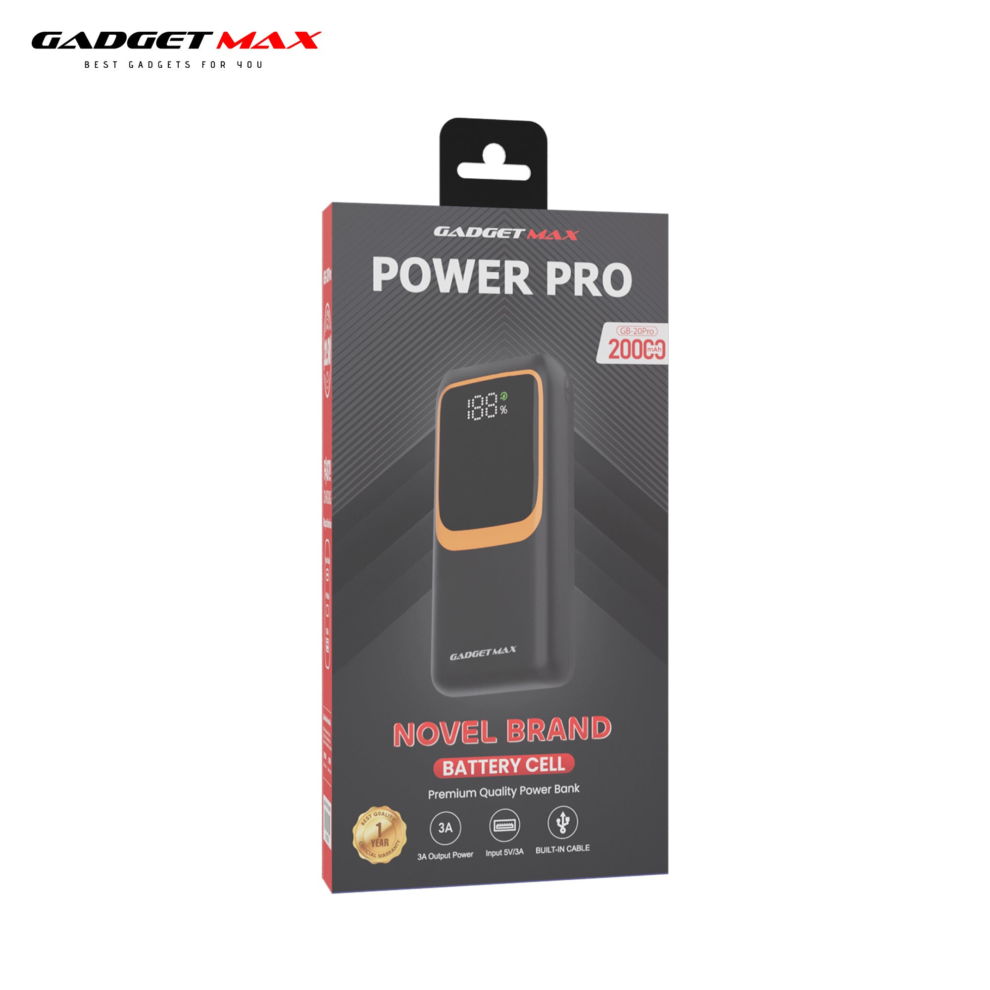 GADGET MAX GB-20PRO 20000MAH PD20W+ QC22.5W WITH CABLE FAST CHARGING POWER PRO DIGITAL DISPLAY POWER BANK (OUTPUT-4USB)(TYPE C-IN/OUT)(IPH-IN/OUT)