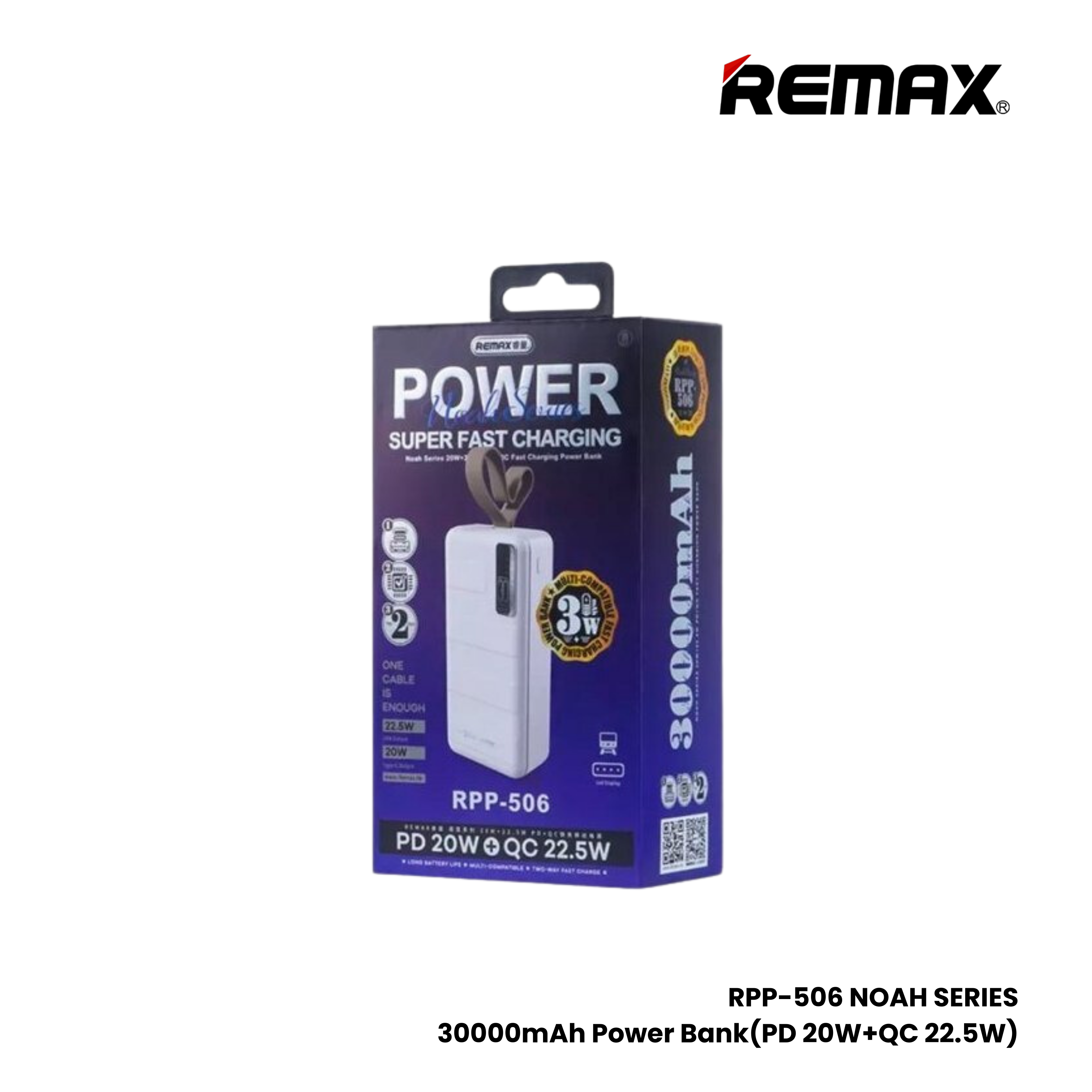 REMAX RPP-506 Noah Series 30000mAh PD+QC Fast Charging Power Bank(PD 20W+QC 22.5W) - Blue