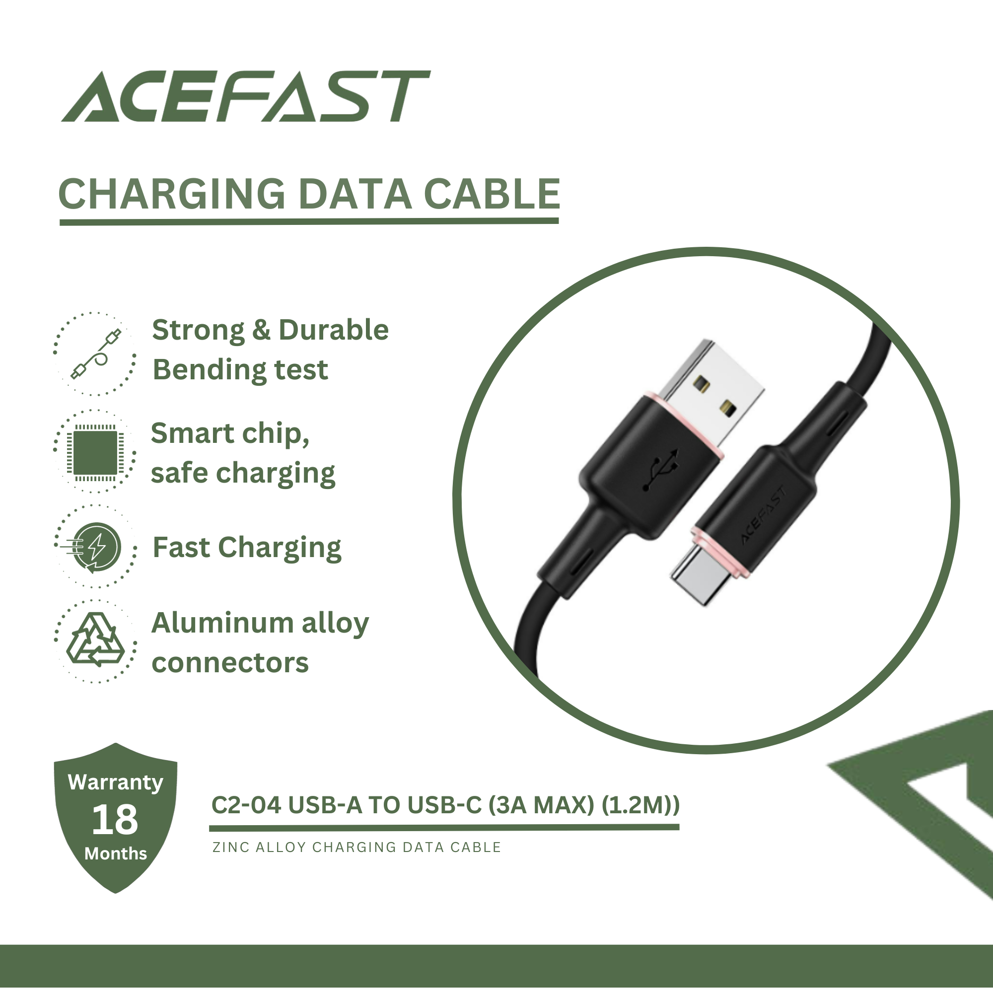 ACEFAST C2-04 USB-A TO USB-C ZINC ALLOY SILICONE CHARGING DATA CABLE (3A MAX)(1.2M) - BLACK