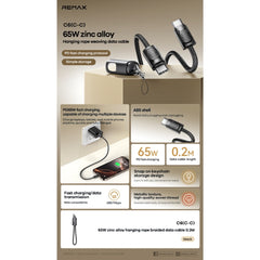 REMAX - C6 C-C Zinc Alloy Hanging Rope Type-C To Type-C PD Fast Charging Data Cable (PD65W) - Black