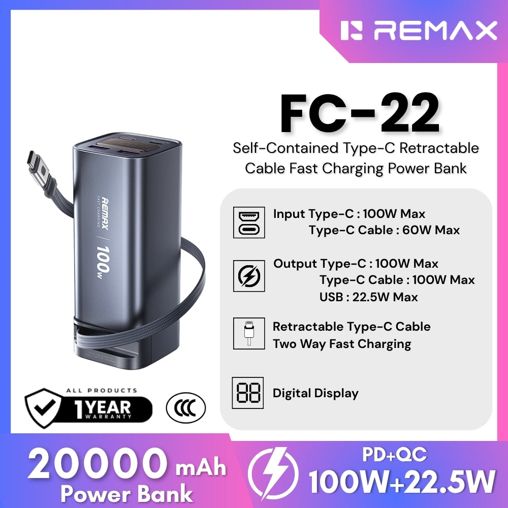 REMAX - FC-22 20000mAh 100W Self-Contained Type-C Retractable Cable Fast Charging Power Bank - Grey