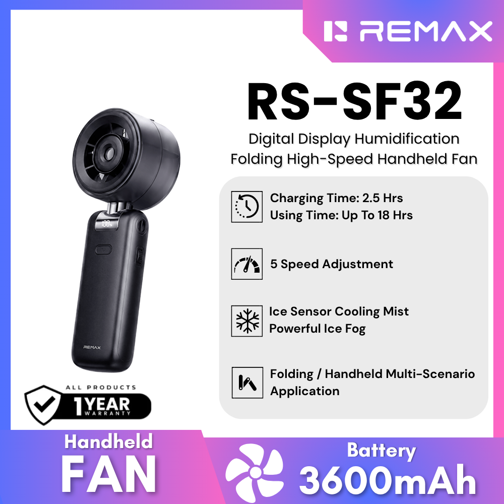 REMAX - RS-SF32 Digital Display Humidification Folding High-Speed Handheld fan - Black