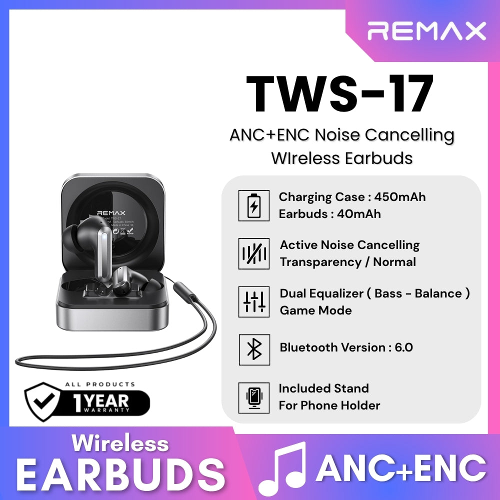 REMAX - TWS-17 ANC+ENC Dual Equalizer Noise Cancelling Bluetooth Wireless Earbuds - Black