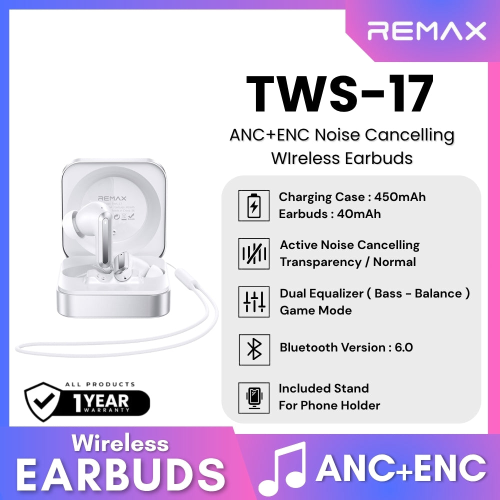REMAX - TWS-17 ANC+ENC Dual Equalizer Noise Cancelling Bluetooth Wireless Earbuds - Silver