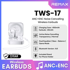 REMAX - TWS-17 ANC+ENC Dual Equalizer Noise Cancelling Bluetooth Wireless Earbuds - Silver