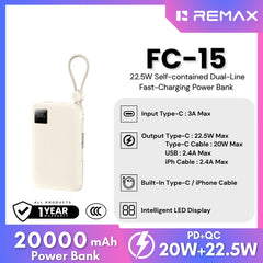 REMAX - FC-15 20000mAh 22.5W Self-Contained Dual-Line Fast Charging Power Bank - Beige