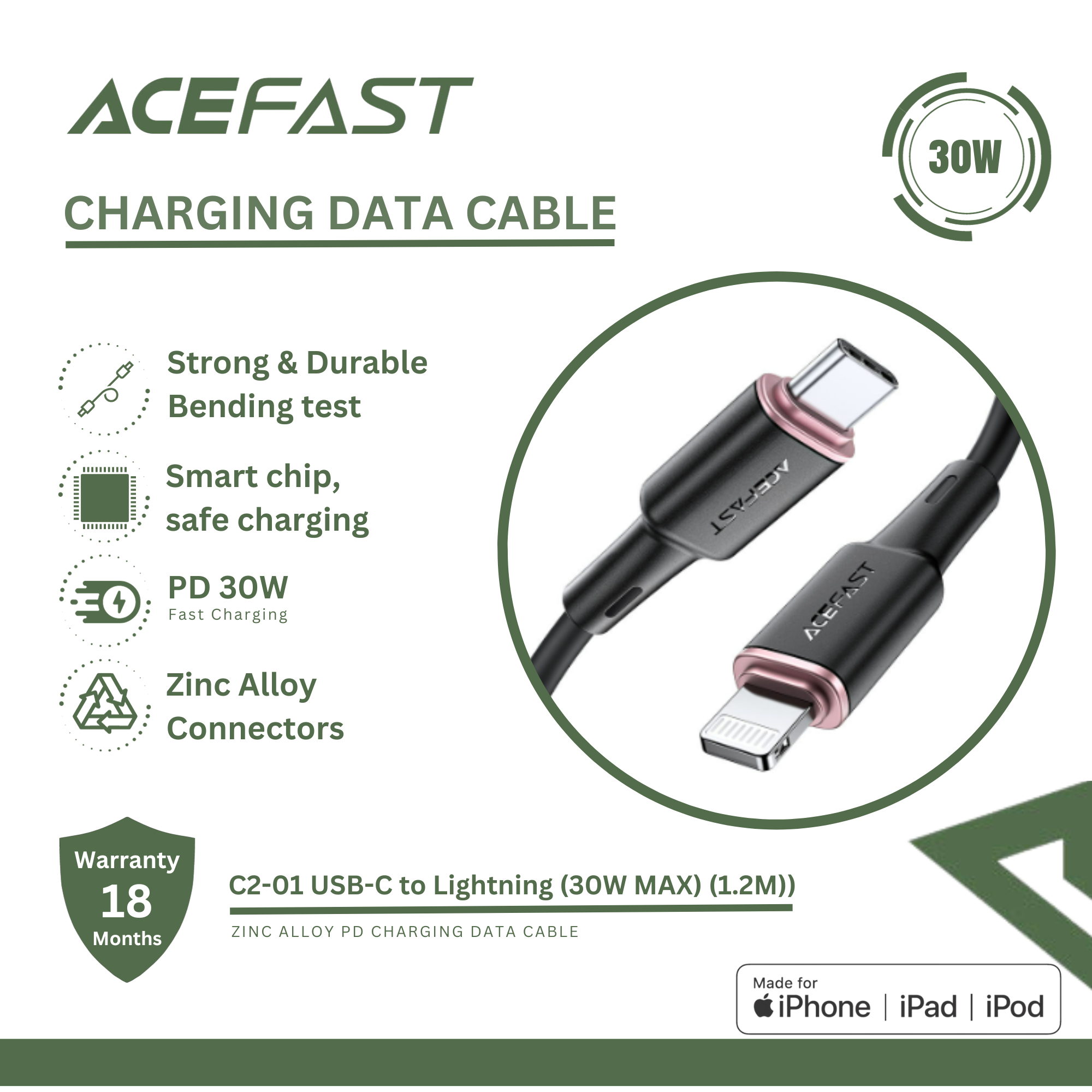 ACEFAST C2-01 USB-C TO LIGHTNING ZINC ALLOY SILICONE CHARGING DATA CABLE (30W MAX)(1.2M) - BLACK