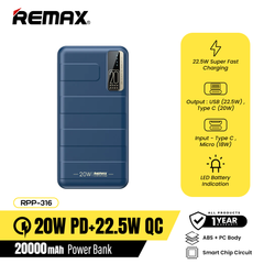 Remax RPP-316 20000mAh Noah Series PD20W+QC22.5W Fast Charging Power Bank-Blue