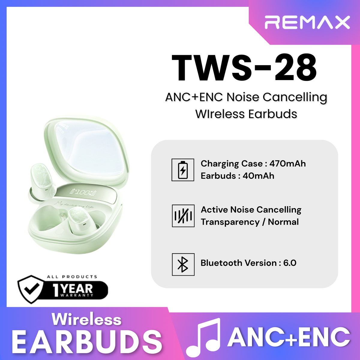 REMAX - TWS-28 True Wireless Stereo Earbuds with ANC+ENC Earbuds - Green
