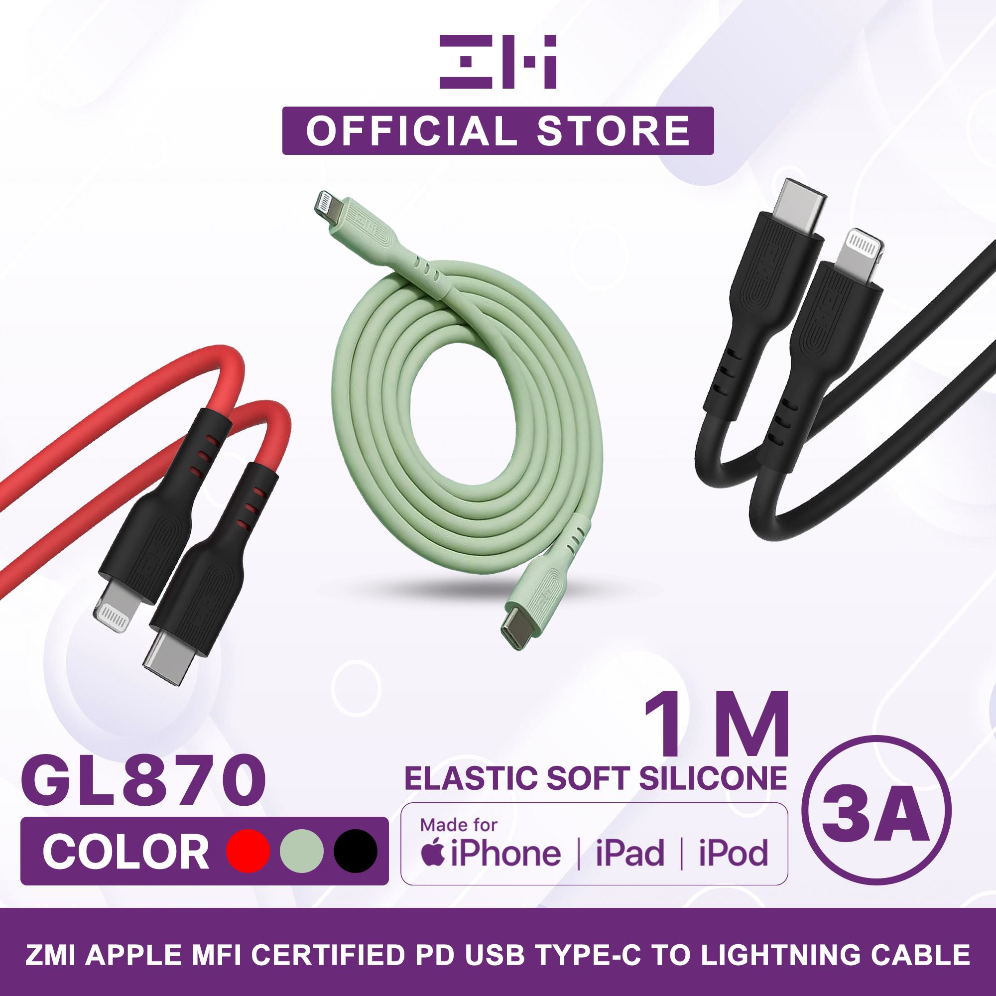 ZMI GL870 USB-C TO LIGHINING MFI CERTIFIED SILICA GEL CABLE (3A)1M, ZMI C to Lightning liquid silicone data cable, PD20W fast charge for iPhone13/12/11Pro/Xs/XR mobile phone charger flash charging line GL870, MFi Cable, Lighting Cable - BLACK