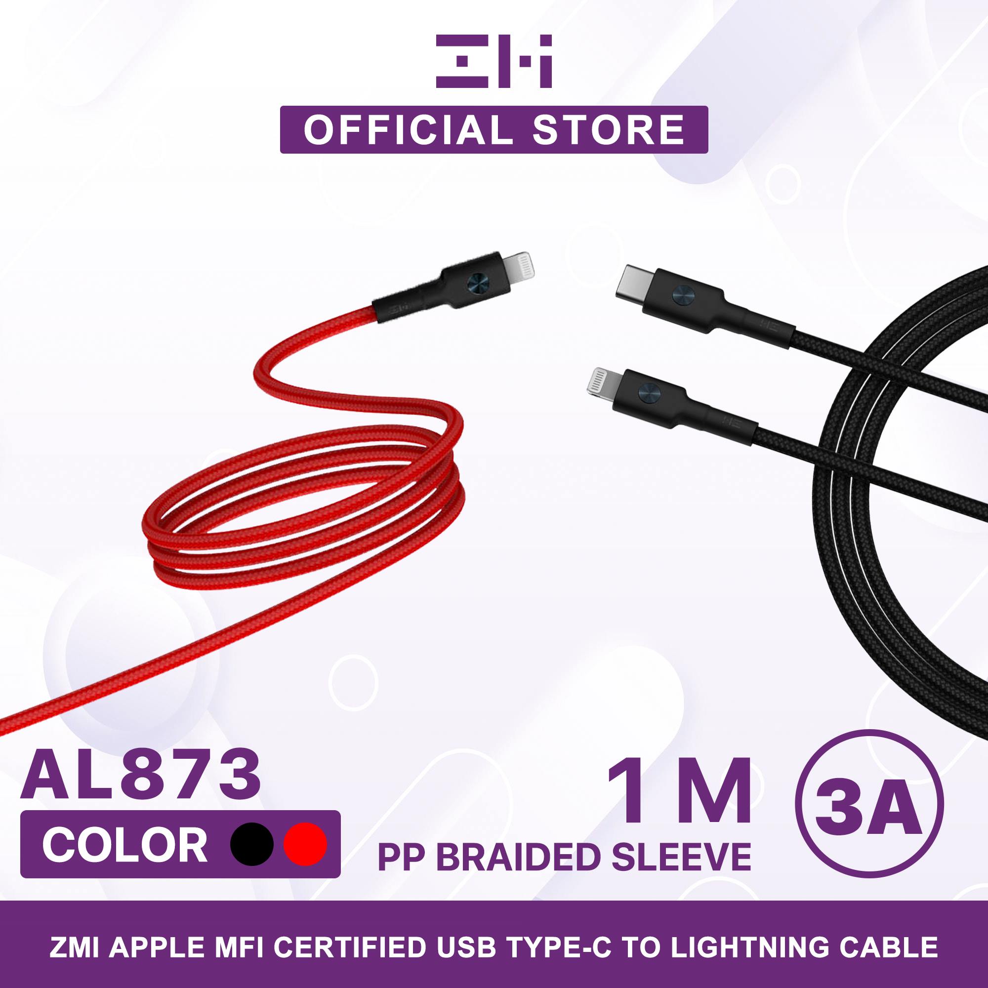 ZMI AL873K MFI PD FAST CHARGING 3A/18W I-PH8 AND ABOVE PD FAST, CHARGING USB-C TO LIGHTNING MFI CERTIFIED BRAIDE CABLE, iPhone Cable, MFI Cable - BLACK