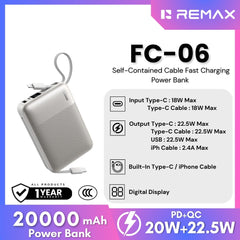 REMAX - FC-06 20000mAh 22.5W Self-Contained Cable Fast Charging Power Bank - Silver
