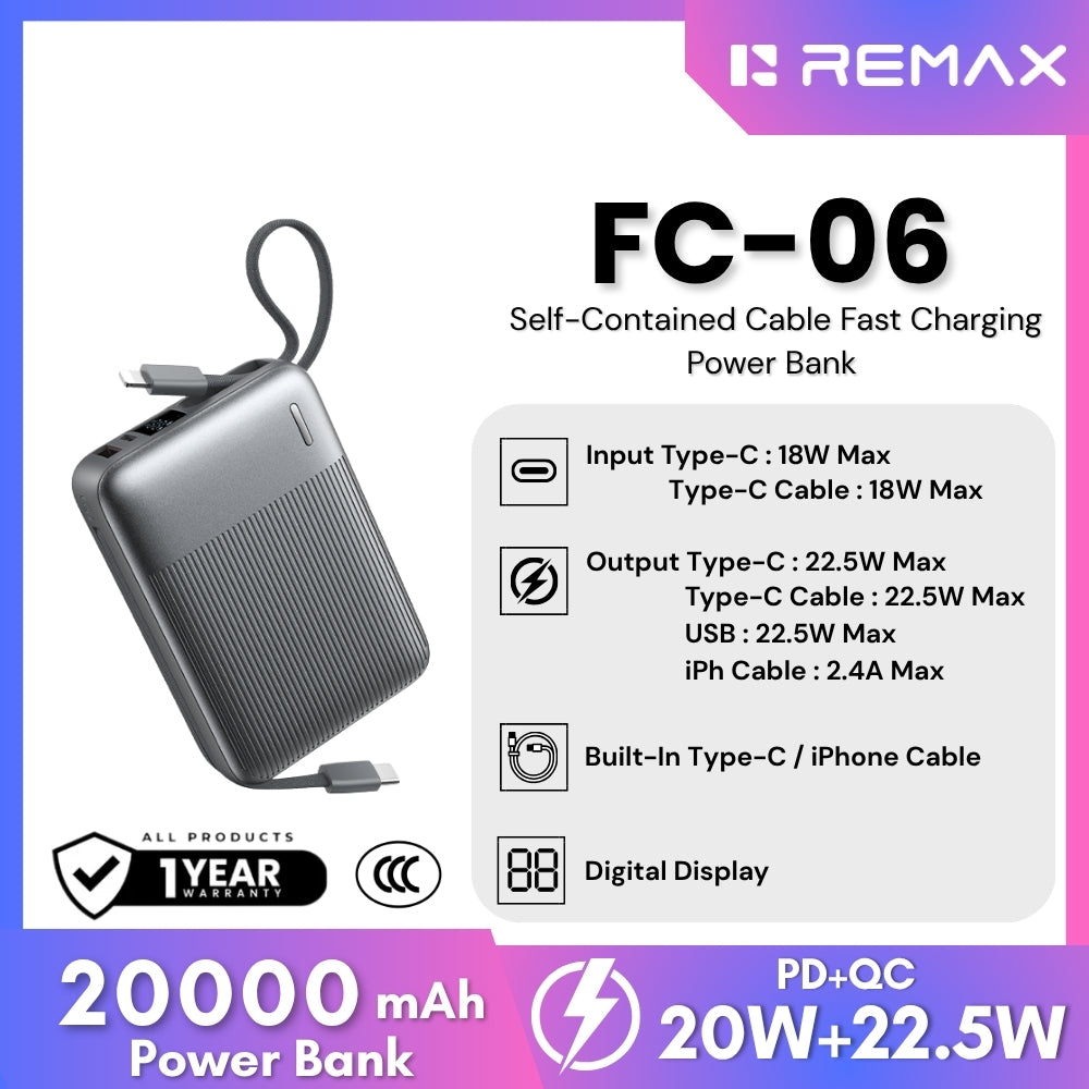 REMAX - FC-06 20000mAh 22.5W Self-Contained Cable Fast Charging Power Bank - Grey