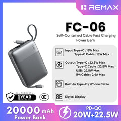 REMAX - FC-06 20000mAh 22.5W Self-Contained Cable Fast Charging Power Bank - Grey