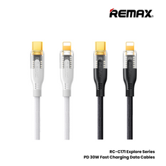 30W ( C to Lightning )-REMAX RC-C171 C-L Explore Series 30W Type-C to Lightning Fast Charging PD  Charging Data Cable - White