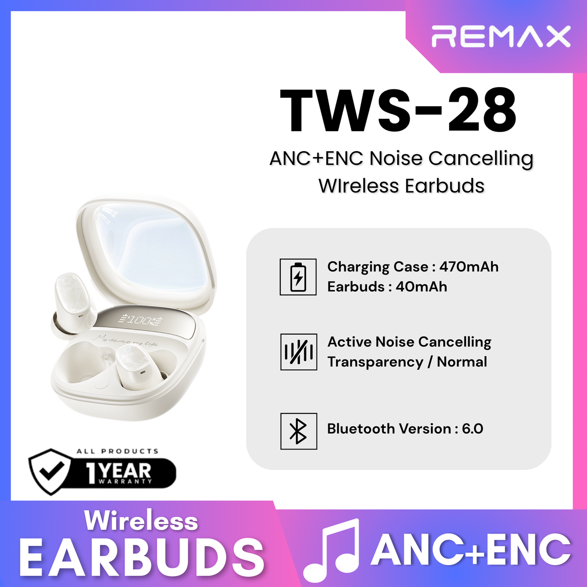 REMAX - TWS-28 True Wireless Stereo Earbuds with ANC+ENC Earbuds - Beige