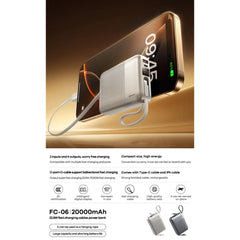 REMAX - FC-06 20000mAh 22.5W Self-Contained Cable Fast Charging Power Bank - Silver