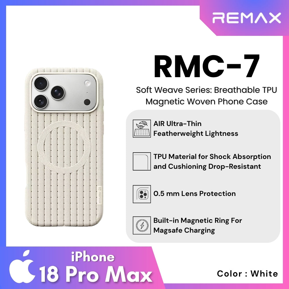 REMAX - RMC-7 iPhone 18 Pro Max / iPhone 17 Pro Max Case ( Soft Weave Series Breathable TPU Magnetic Woven ) - White