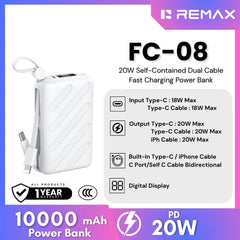 REMAX - FC-08 10000mAh Self-contained dual fast charging cable  Power bank ( PD20W) - White