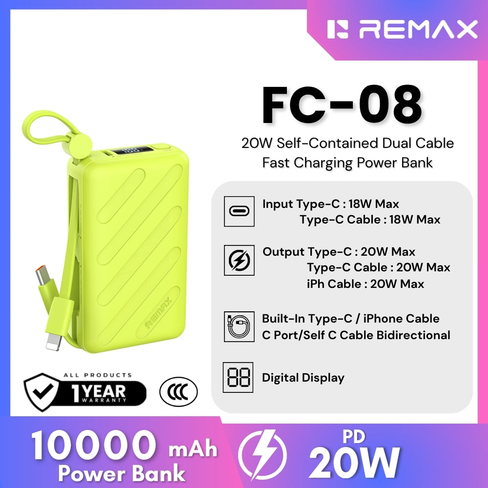 REMAX - FC-08 10000mAh Self-contained dual fast charging cable  Power bank ( PD20W) - Green