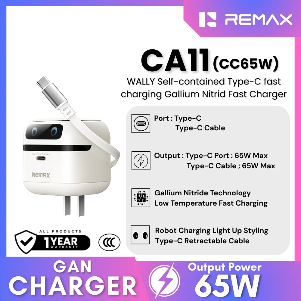 REMAX - CA11 CC65W Wally Self-Contained Retractable Type-C Cable Gallium Nitride Charger -  White