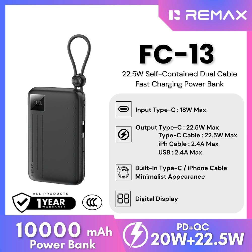 REMAX - FC-13 10000mAh Self-contained dual fast charging cable  Power bank ( PD20W+QC22.5W) - Black