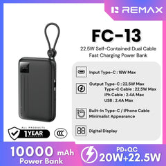 REMAX - FC-13 10000mAh Self-contained dual fast charging cable  Power bank ( PD20W+QC22.5W) - Black
