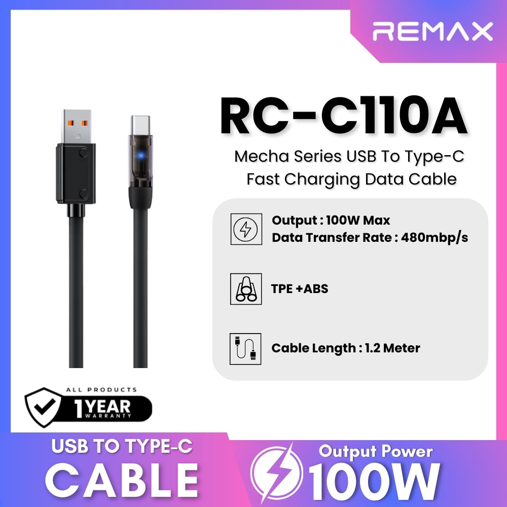 100W ( Type-C )-REMAX RC-C110A Mecha Series 100W USB to Type-C Fast Charging Data Cable - Black