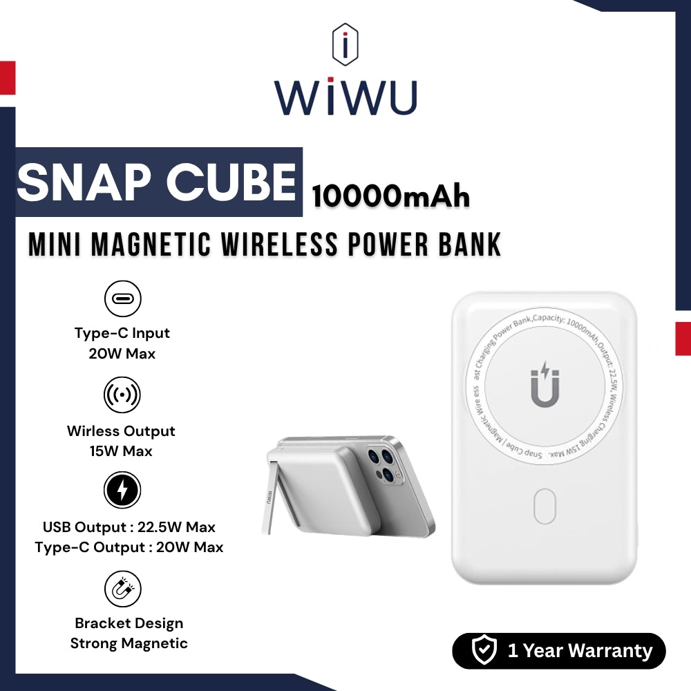 WIWU - Snap Cube 10000mAh PD+QC Magnetic Wireless Power Bank (20W+22.5W) - White